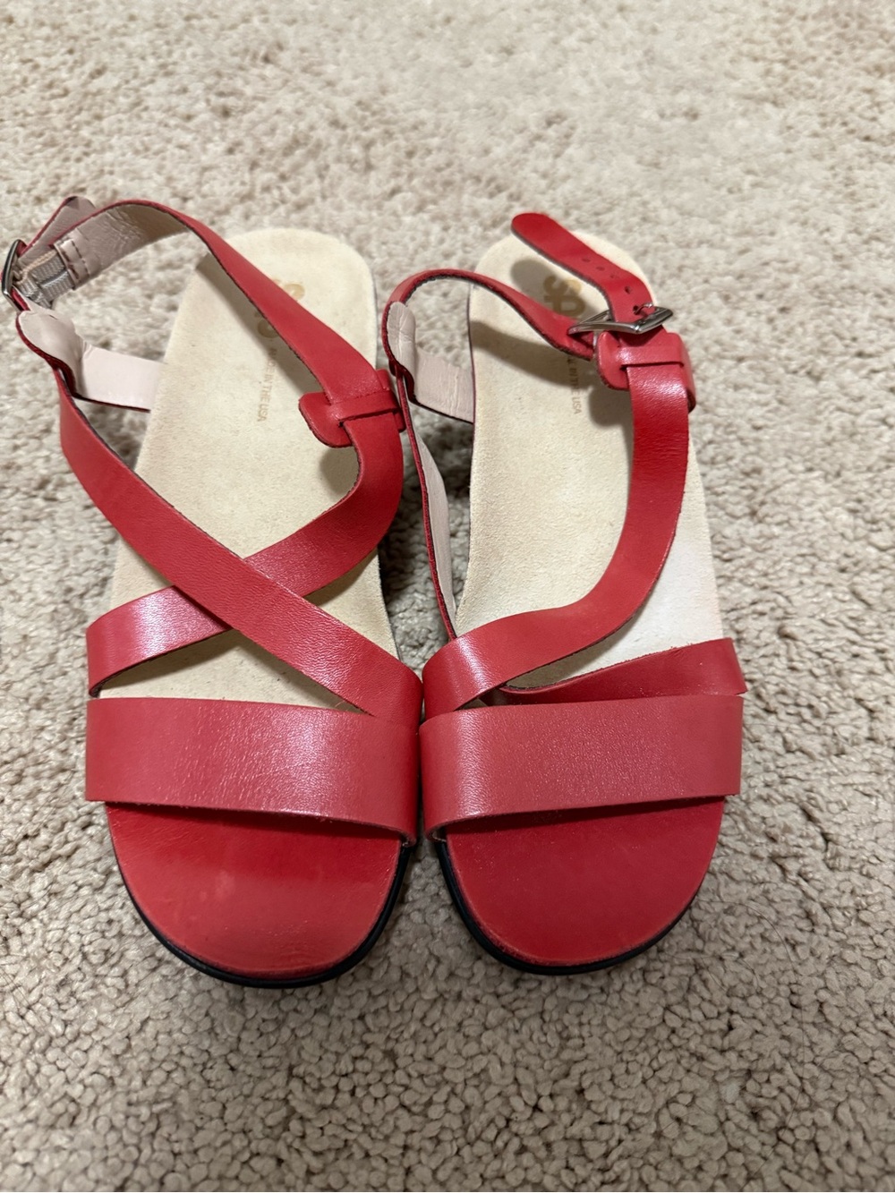 SAS Nouveau Womens Red Leather Open Toe Block Heel Strappy Sandals Size US 6